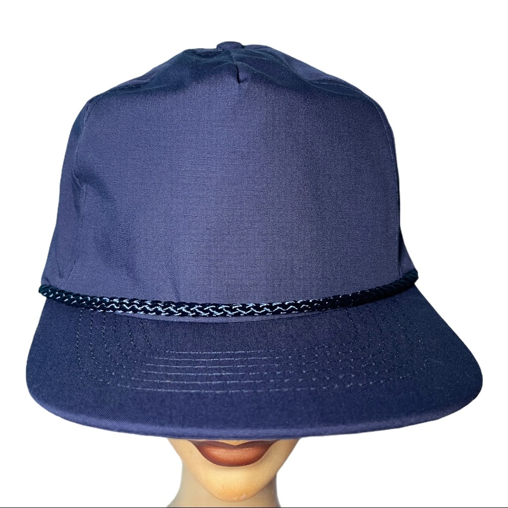 NOS Vintage 90s Old school Blank Roped Strapback Hat Cap Blue Cotton Blend